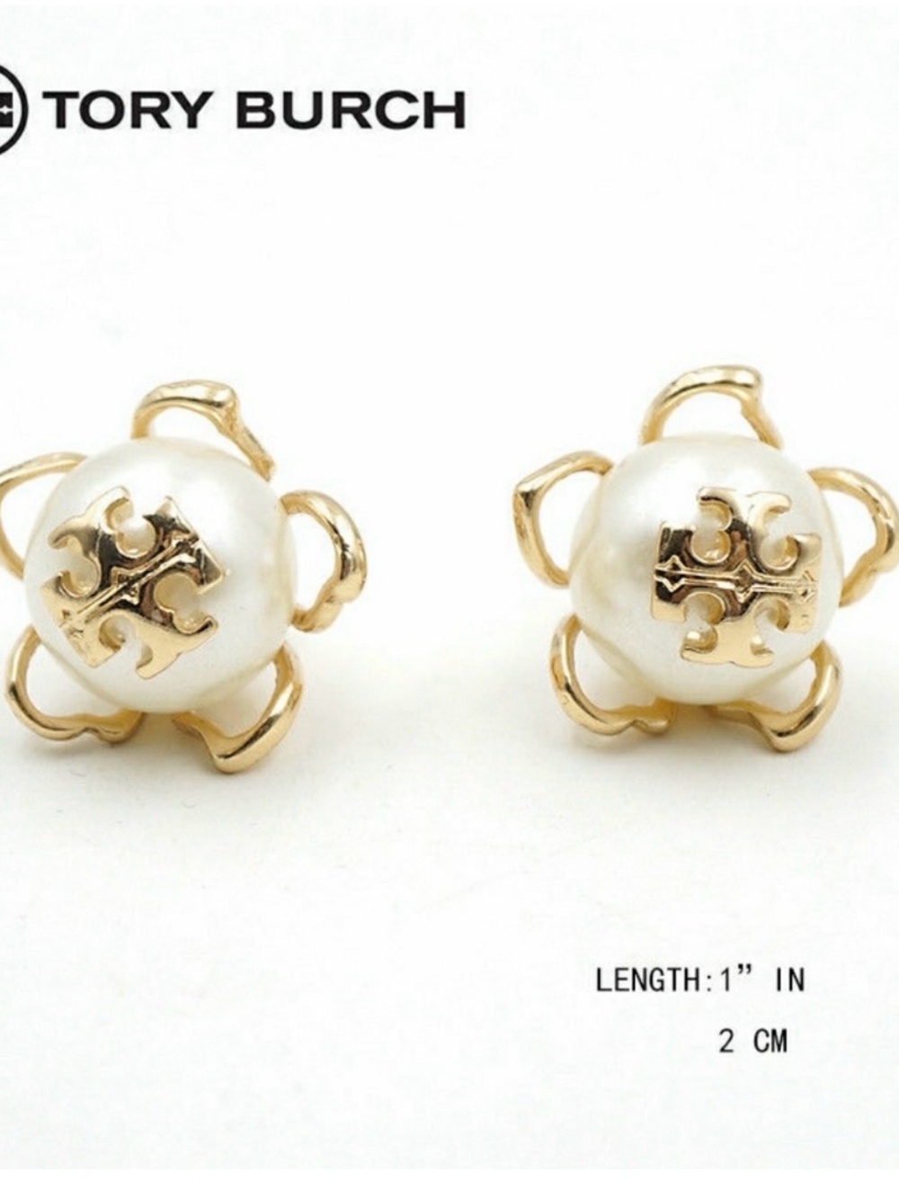 Tory Burch Gold-Tone Logo Pearl Flower Stud Earrings